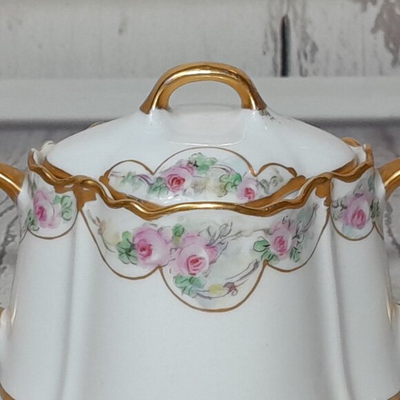 Porcelain Sugar Bowl KPM Germany Floral Pink Roses Gold Trim Double Handles - Picture 2 of 13